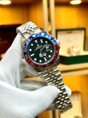 Silver GMT Style Watch – Red & Blue Bezel, Jubilee Bracelet Hover Image