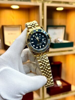 Gold Tone GMT Style Watch – Black Dial & Black/Grey Bezel, Jubilee Bracelet Hover Image
