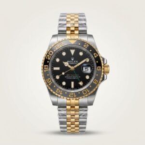 Two-Tone GMT Style Watch – Black Dial & Black/Grey Bezel, Jubilee Bracelet