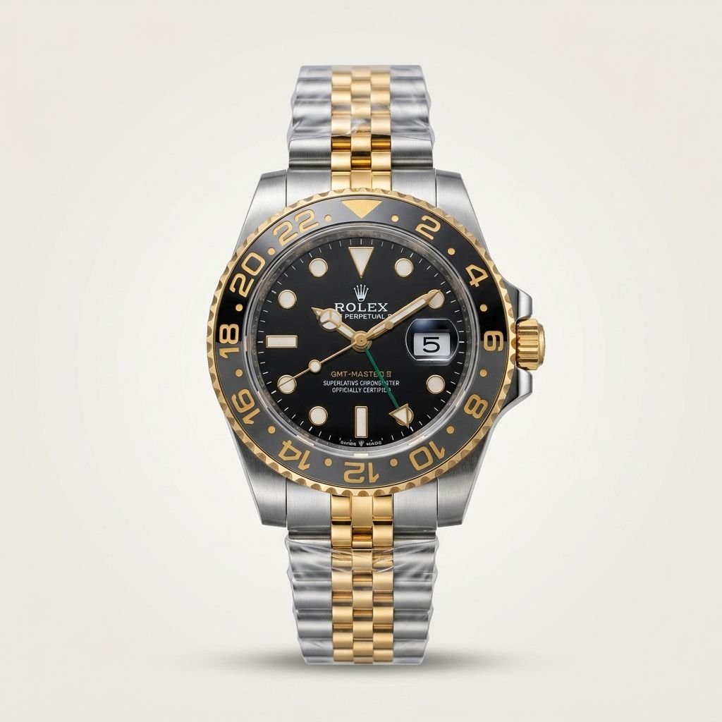 Two-tone silver and gold GMT style watch with black dial, black and grey bezel, and two-tone jubilee bracelet