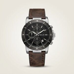 Tubular Chronograph Watch – Brown Leather Strap & Black Dial