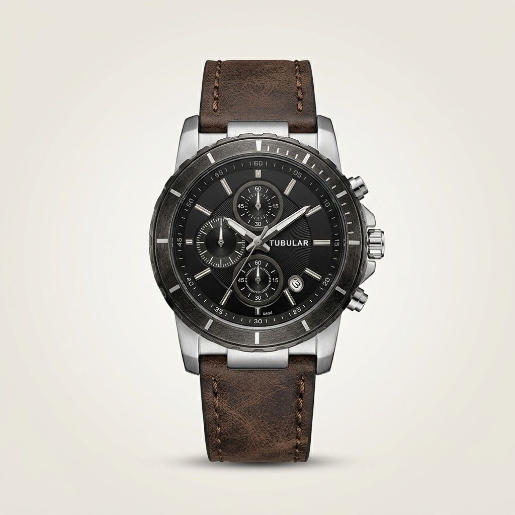 Tubular chronograph watch with black dial, silver-tone case, and brown leather strap.