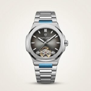 Pagani Design PD-YS025 automatic watch with grey sunburst dial, open-heart movement, and silver stainless steel bracelet.
