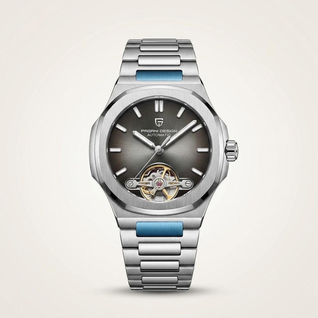 Pagani Design PD-YS025 automatic watch with grey sunburst dial, open-heart movement, and silver stainless steel bracelet.
