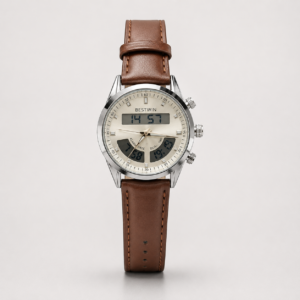 Bestwin analog-digital watch with silver dial, digital display, and brown leather strap.