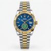 Two-tone ladies luxury watch with blue floral crystal dial, gold fluted bezel, and silver and gold jubilee bracelet.