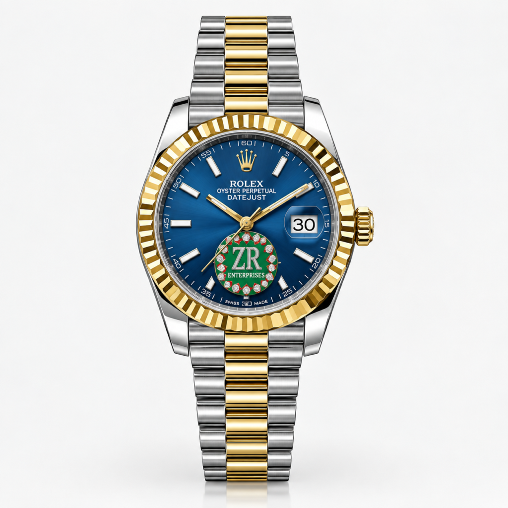 Two-tone ladies luxury watch with blue floral crystal dial, gold fluted bezel, and silver and gold jubilee bracelet.