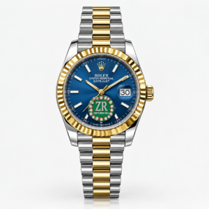 Two-tone ladies luxury watch with blue floral crystal dial, gold fluted bezel, and silver and gold jubilee bracelet.