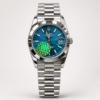 Silver ladies luxury watch with blue floral crystal dial, silver fluted bezel, and silver jubilee bracelet.
