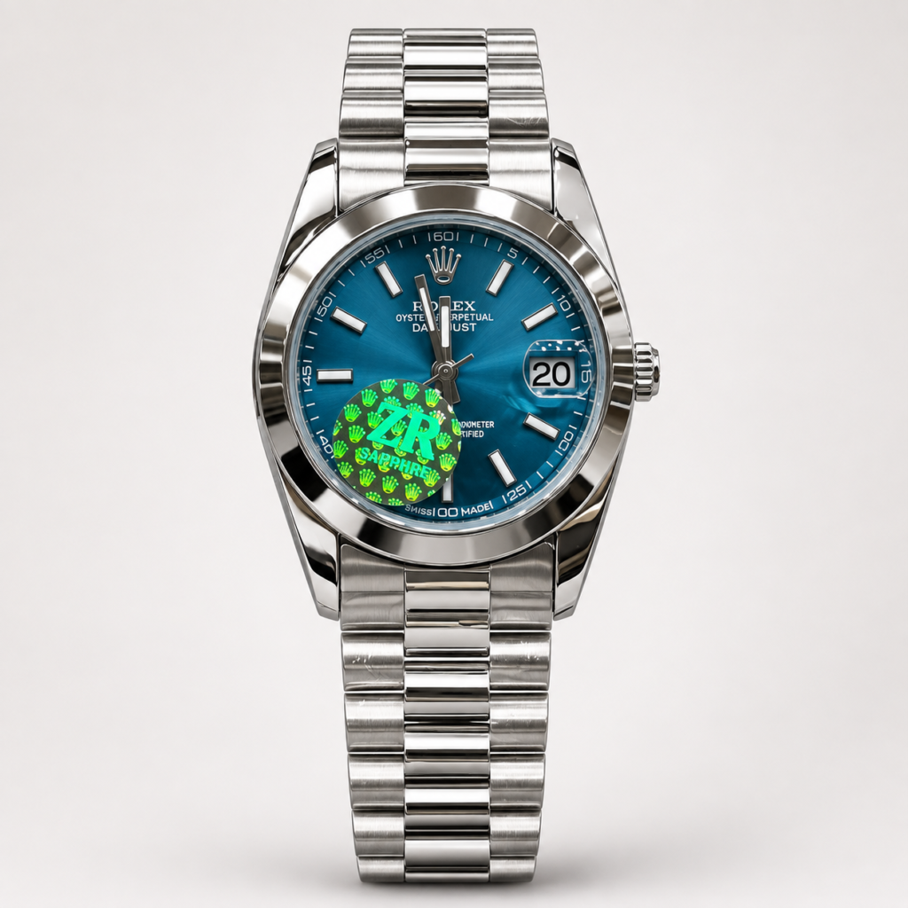Silver ladies luxury watch with blue floral crystal dial, silver fluted bezel, and silver jubilee bracelet.