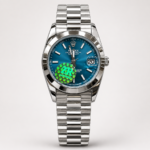 Silver ladies luxury watch with blue floral crystal dial, silver fluted bezel, and silver jubilee bracelet.