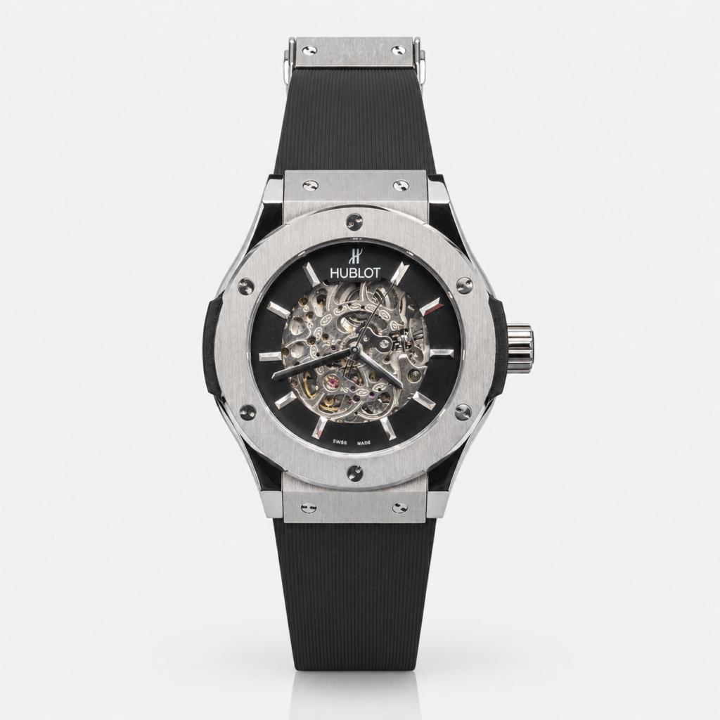 Premium silver-tone skeleton watch with black rubber strap, exposed gears, and six-screw bezel.