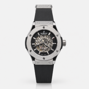 Premium silver-tone skeleton watch with black rubber strap, exposed gears, and six-screw bezel.