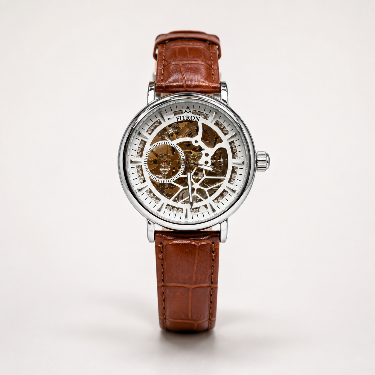 Fitron Automatic Skeleton Watch – Silver Case & Brown Leather Strap