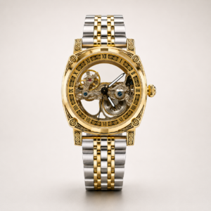 ROVITE automatic skeleton watch with carved two-tone case, Roman numerals, and silver and gold link bracelet.