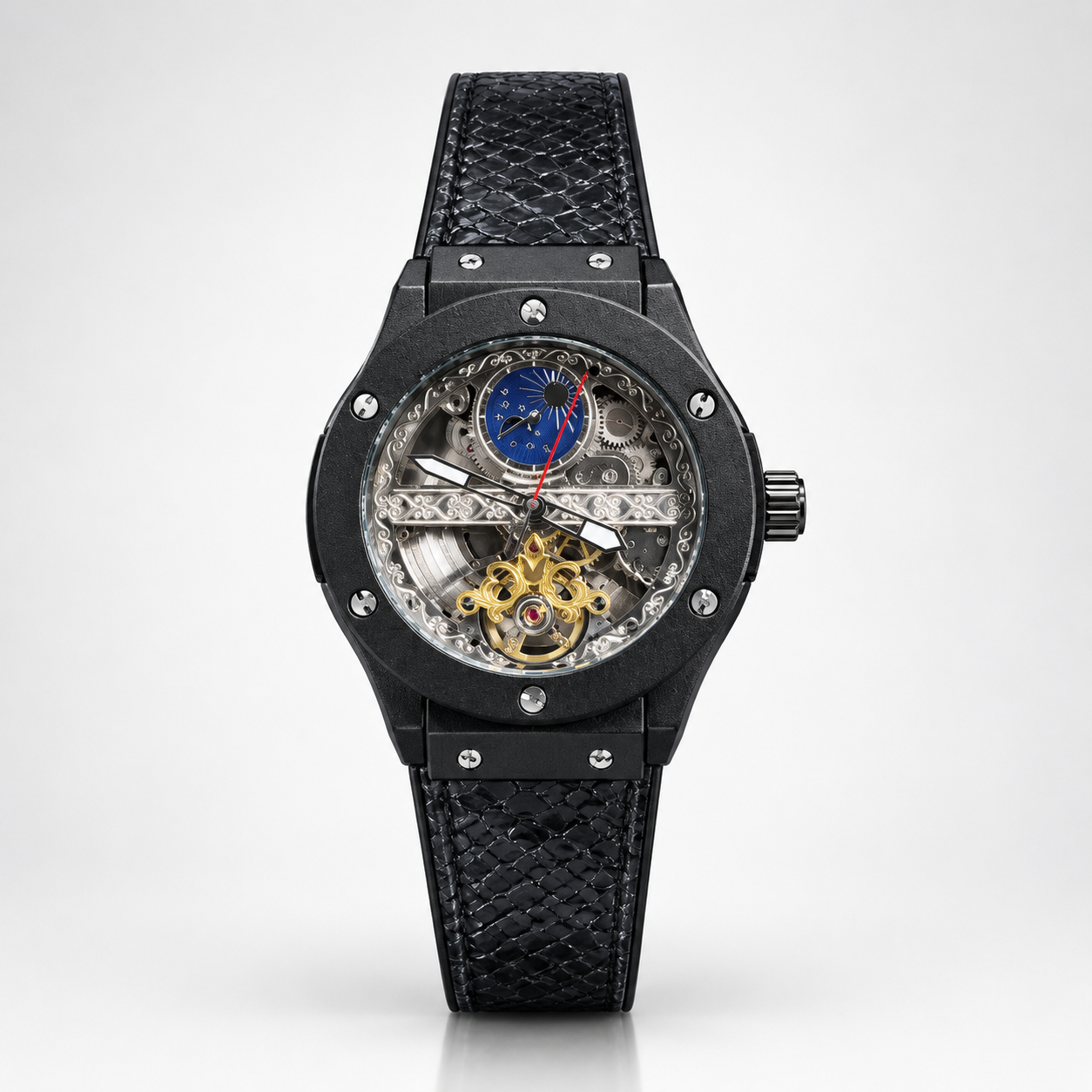 Automatic skeleton watch with tourbillon style cage, black screw-down case, and textured black leather strap.