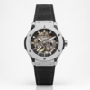 Premium silver-tone skeleton watch with black textured leather strap, exposed gears, and six-screw bezel.