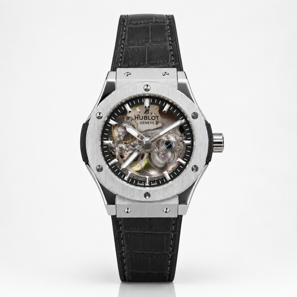 Premium silver-tone skeleton watch with black textured leather strap, exposed gears, and six-screw bezel.
