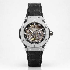 Premium silver-tone skeleton watch with black textured leather strap, exposed gears, and six-screw bezel.