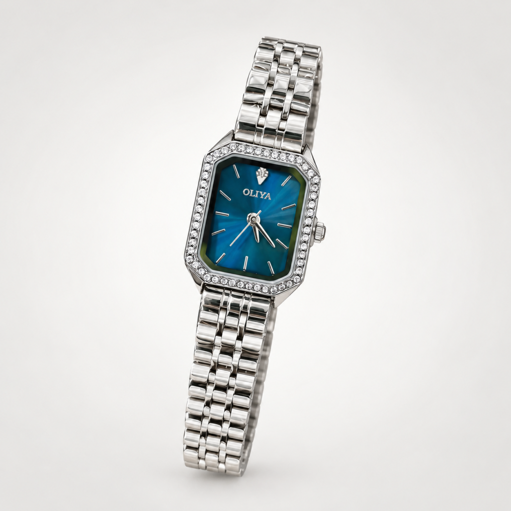 Olivia ladies watch with blue dial, crystal-set rectangular bezel, and silver stainless steel bracelet.