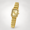 OLIYA ladies watch with gold sunburst dial, crystal-set rectangular bezel, and gold stainless steel bracelet.