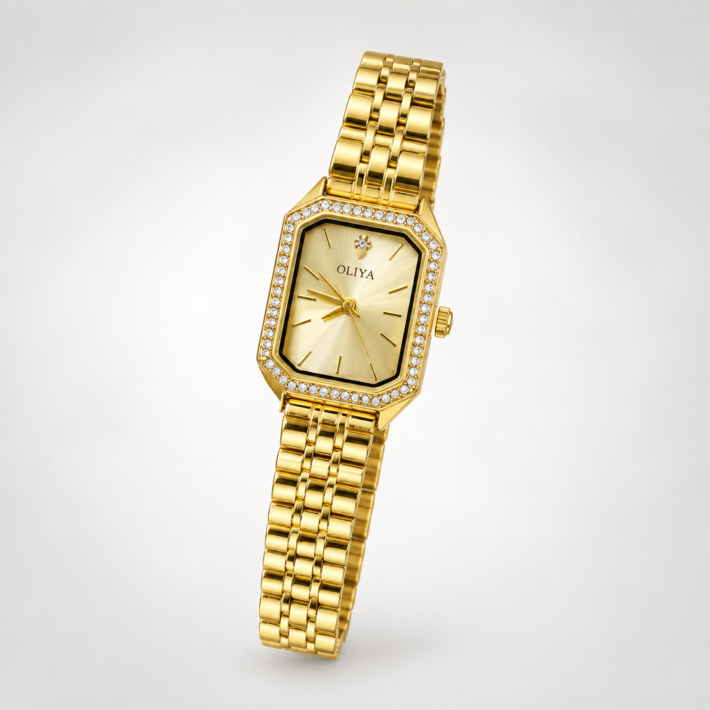 OLIYA ladies watch with gold sunburst dial, crystal-set rectangular bezel, and gold stainless steel bracelet.
