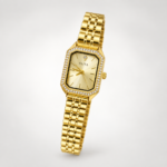 OLIYA ladies watch with gold sunburst dial, crystal-set rectangular bezel, and gold stainless steel bracelet.