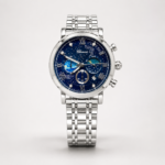 Chenxi chronograph watch with a blue starry sky dial, moon phase display, and silver stainless steel bracelet.