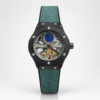 Automatic skeleton watch with tourbillon style cage, black screw-down case, and green suede strap.