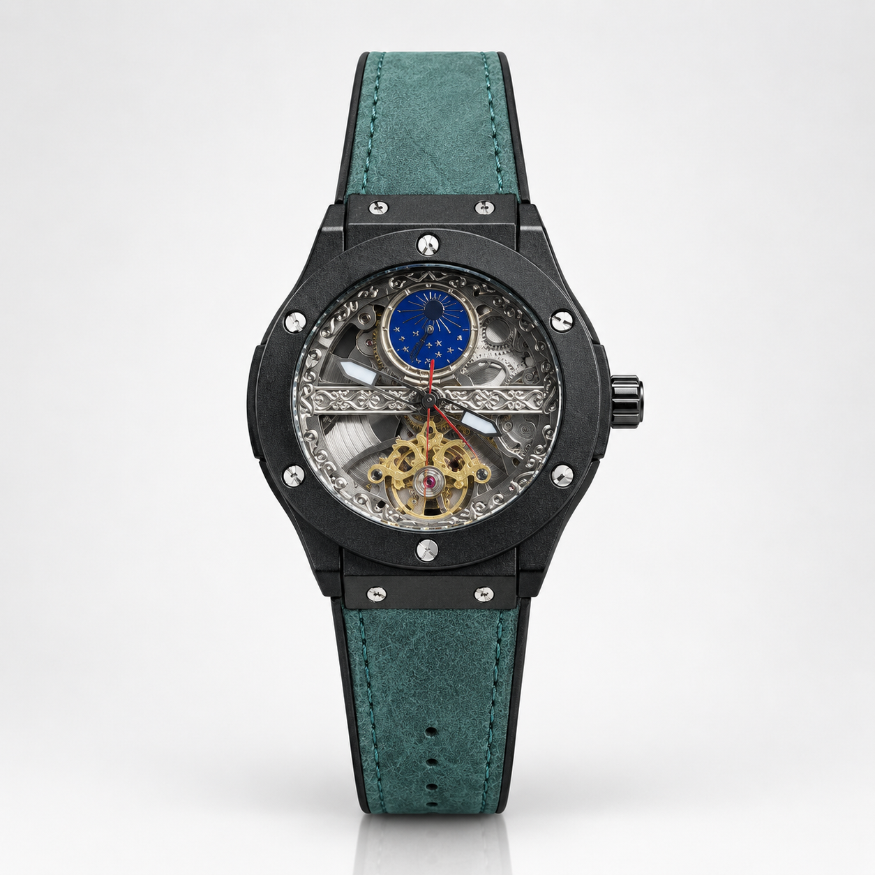 Automatic skeleton watch with tourbillon style cage, black screw-down case, and green suede strap.