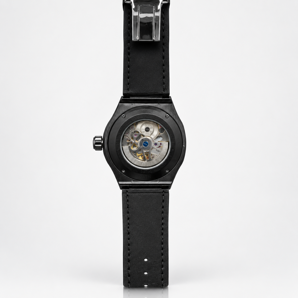 Automatic Skeleton Tourbillon Style Watch – Black Case & Black Leather Strap Hover Image