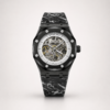 Octagonal skeleton watch with black case, exposed gears, and marble pattern strap.