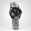 Silver luxury style watch with black dial, crystal hour markers, and silver jubilee bracelet.