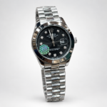 Silver luxury style watch with black dial, crystal hour markers, and silver jubilee bracelet.