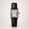 Silver rectangular dress watch with white dial, black Roman numerals, blued-steel hands, and black leather strap