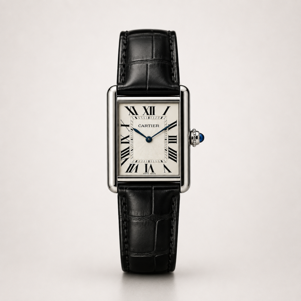 Silver rectangular dress watch with white dial, black Roman numerals, blued-steel hands, and black leather strap