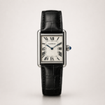 Silver rectangular dress watch with white dial, black Roman numerals, blued-steel hands, and black leather strap