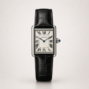 Silver rectangular dress watch with white dial, black Roman numerals, blued-steel hands, and black leather strap