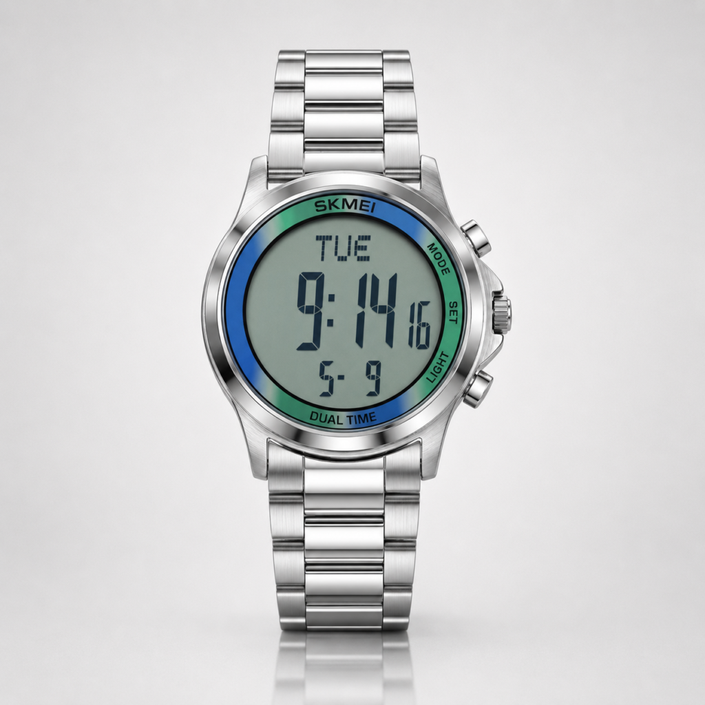 SKMEI 1712 digital watch with silver stainless steel bracelet and dual time display.