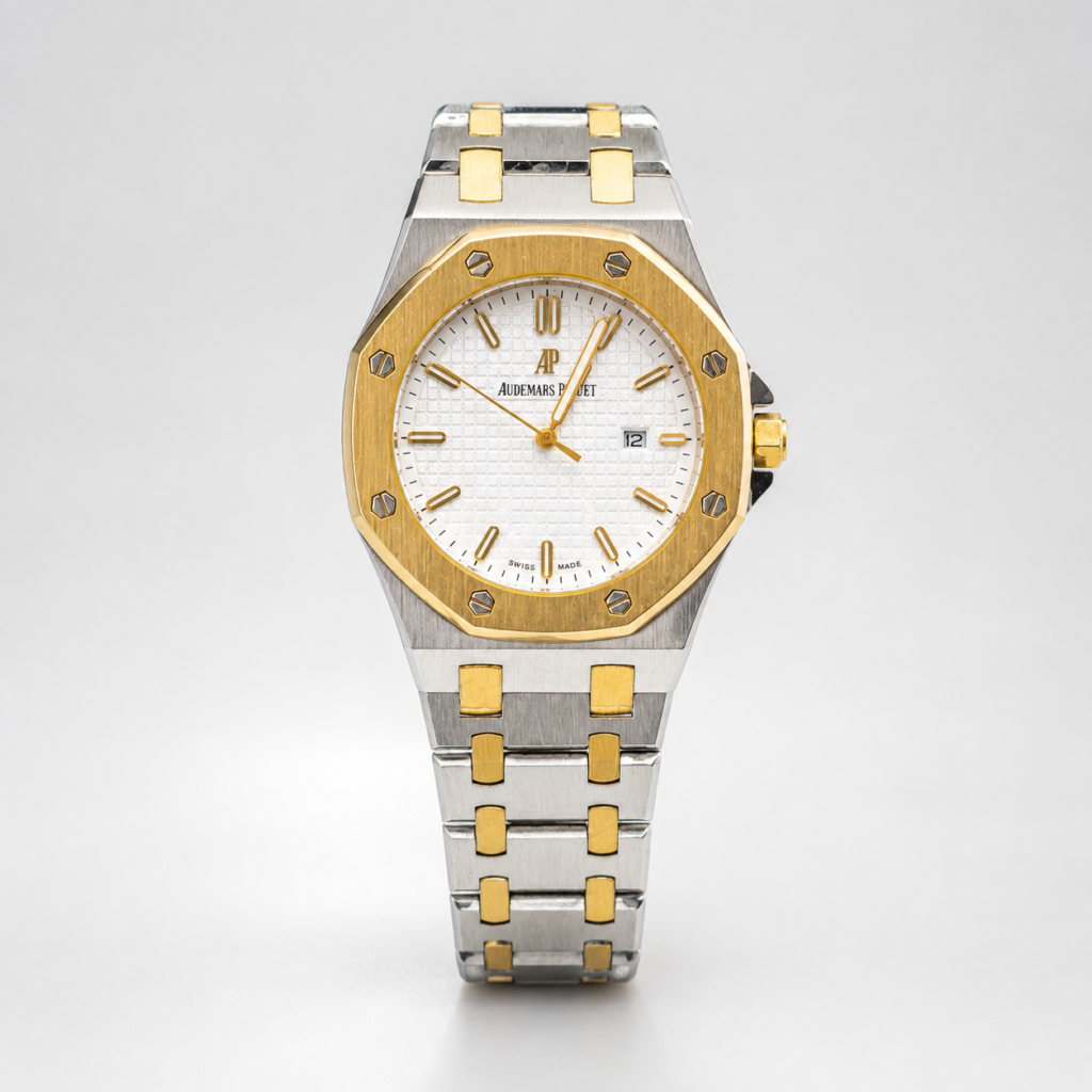 Two-tone octagonal classic watch with white waffle dial, gold bezel, and silver and gold bracelet.