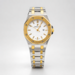 Two-tone octagonal classic watch with white waffle dial, gold bezel, and silver and gold bracelet.
