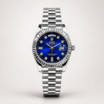 Elevate your wrist game with this stunning silver-tone timepiece. The deep blue sunburst dial catches the light beautifully and is accented with sparkling crystal-set hour markers and silver hands. It features a polished silver fluted bezel and a magnified date window at the 3 o'clock position. Fitted with a comfortable silver Jubilee-style link bracelet and powered by a highly accurate quartz movement, this watch offers a sophisticated and bold look perfect for any formal or casual occasion.