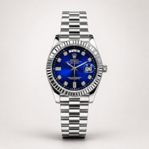Silver Luxury Watch – Blue Sunburst Dial, Crystal Markers & Fluted Bezel