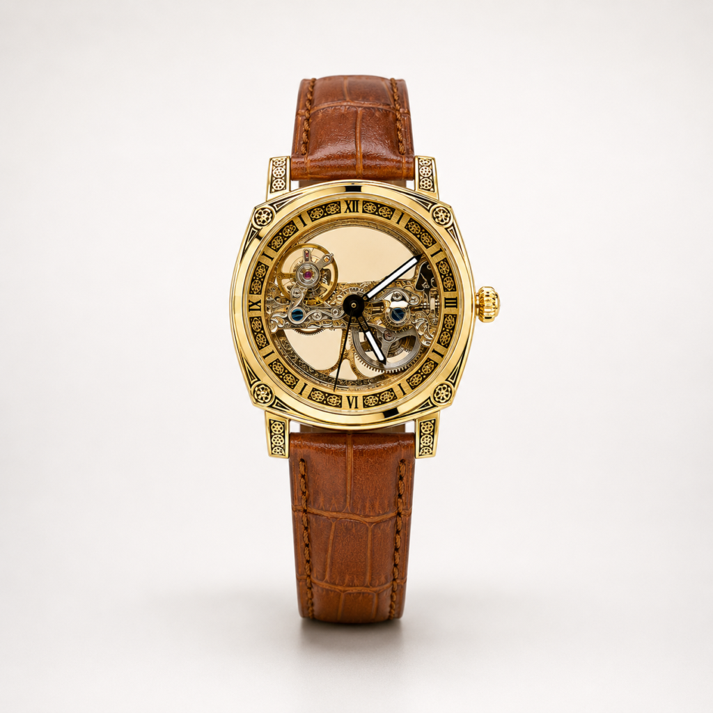 ROVITE automatic skeleton watch with carved gold case, Roman numerals, and brown leather strap.