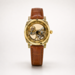 ROVITE automatic skeleton watch with carved gold case, Roman numerals, and brown leather strap.