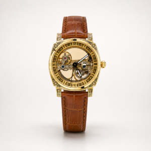 ROVITE automatic skeleton watch with carved gold case, Roman numerals, and brown leather strap.