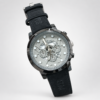 Men's sport watch with silver skeleton dial, black case, and black leather strap