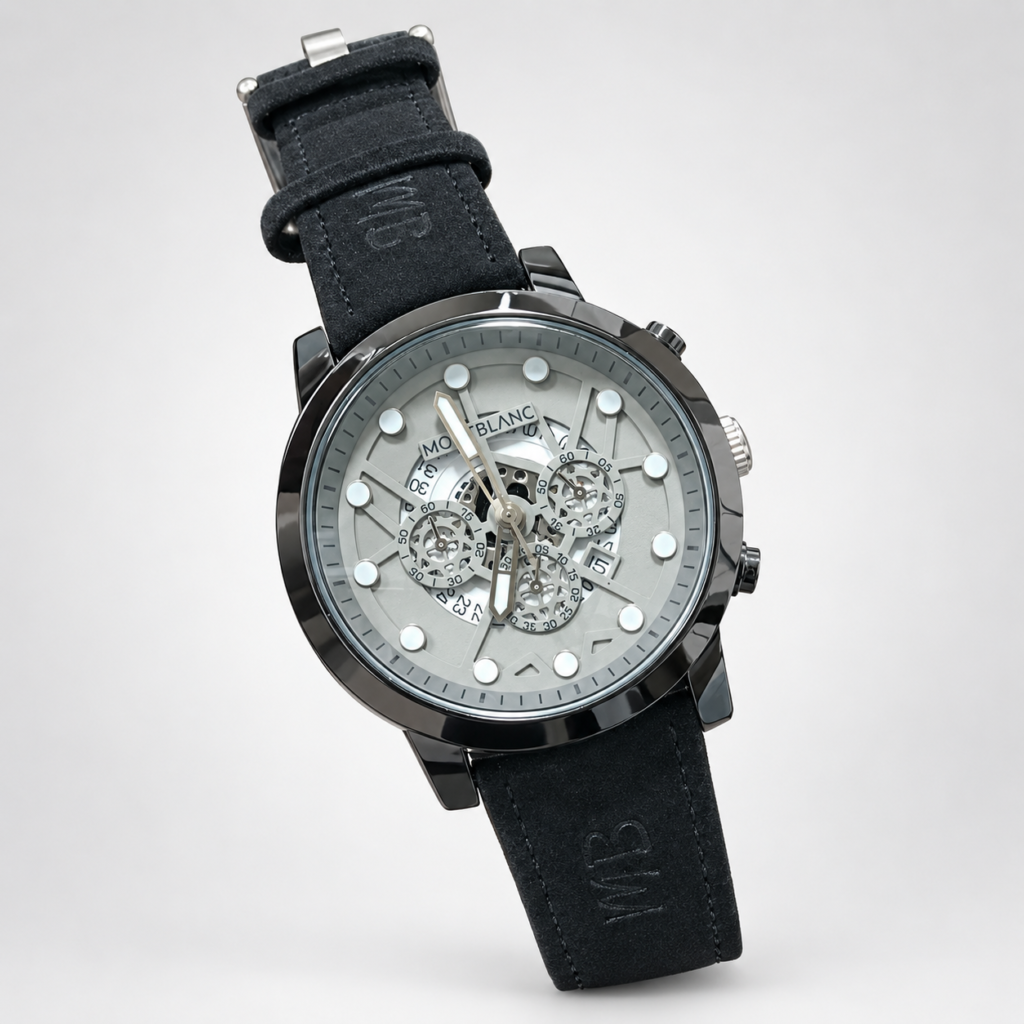 Men's sport watch with silver skeleton dial, black case, and black leather strap