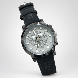 Men's sport watch with silver skeleton dial, black case, and black leather strap