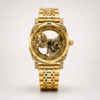 ROVITE automatic skeleton watch with carved gold case, Roman numerals, and gold link bracelet.